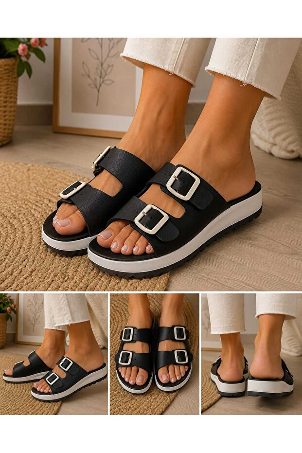 Anatomical Soft Sole Wide Fit Adjustable Double Buckle Women's Home, Work and Street Slippers