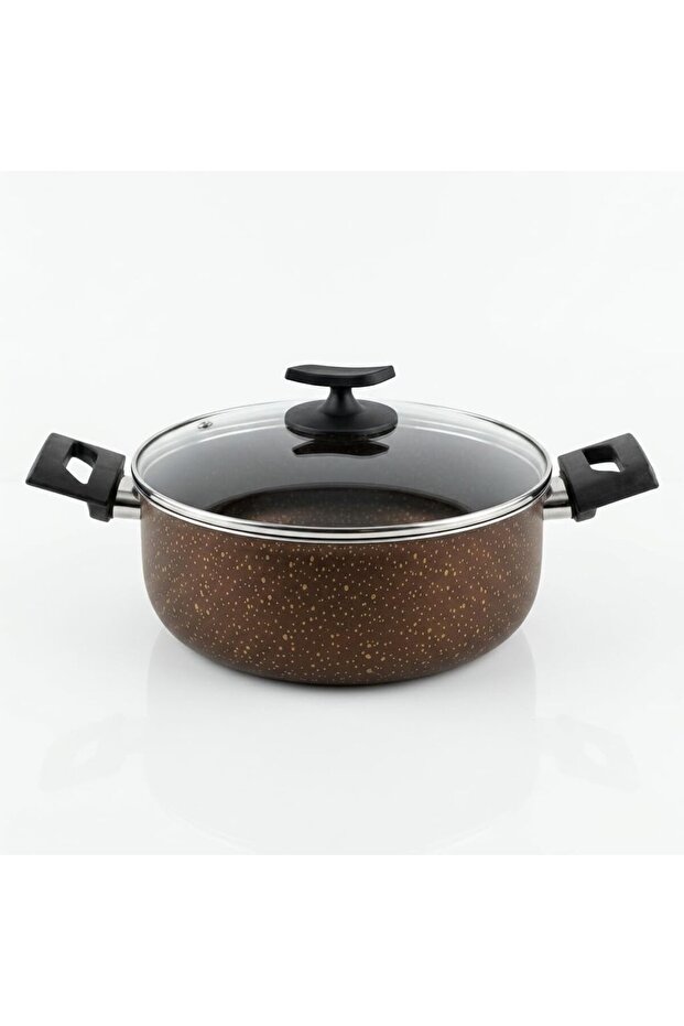 Albemo Domino 24 cm Deep Pot - Chocolate Brown Gold Sealant Patterned, Fireproof Non-Stick Soup and Food Pot
