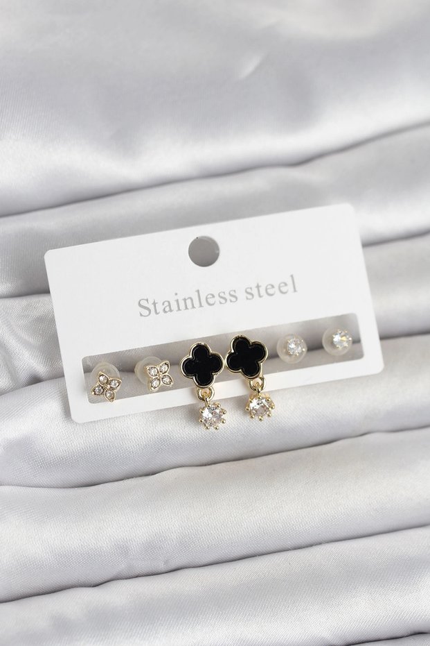 316L Steel Gold Color Clover Detailed Women's Earring Set