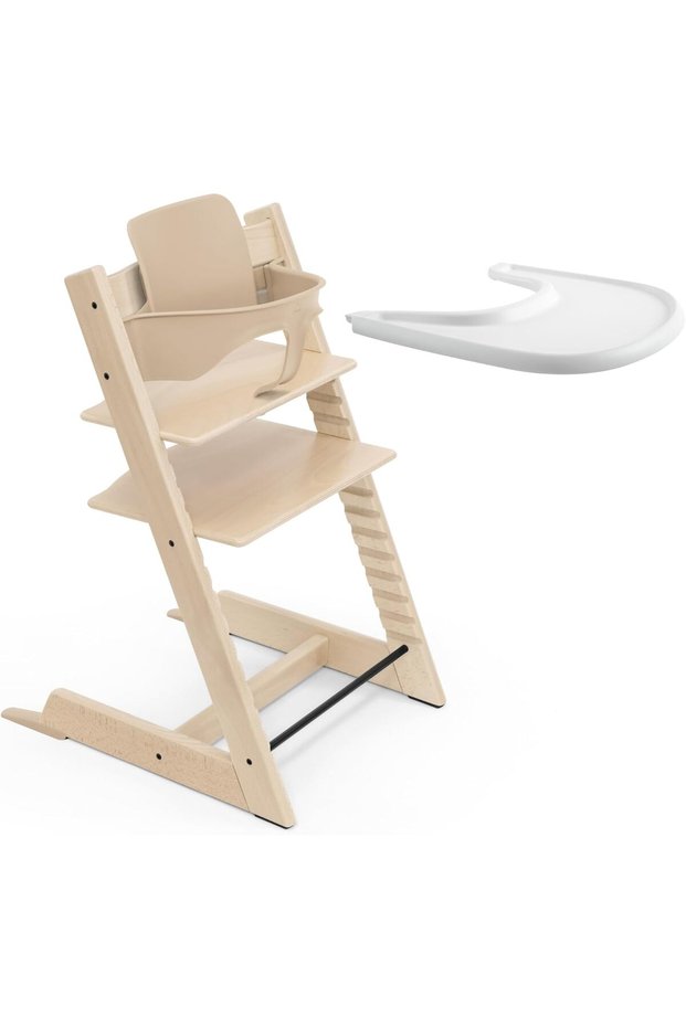 Tripp Trapp High Chair Baby Feeding with Tray - Includes Baby Chair, Baby Set 2 for Children 6-36 Months - Adjustable, Ergonomic & Easy to Clean - Natural with White Tray