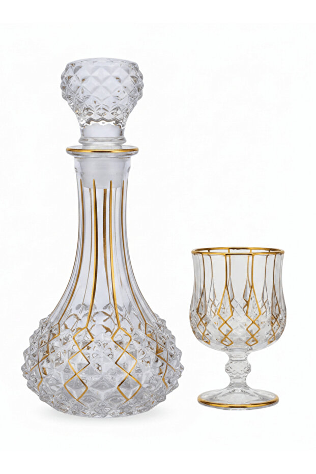 7 Pcs Crystal Glass Decanter Set – 1 Decanter & 6 Glasses - Gold Accent Diamond Cut