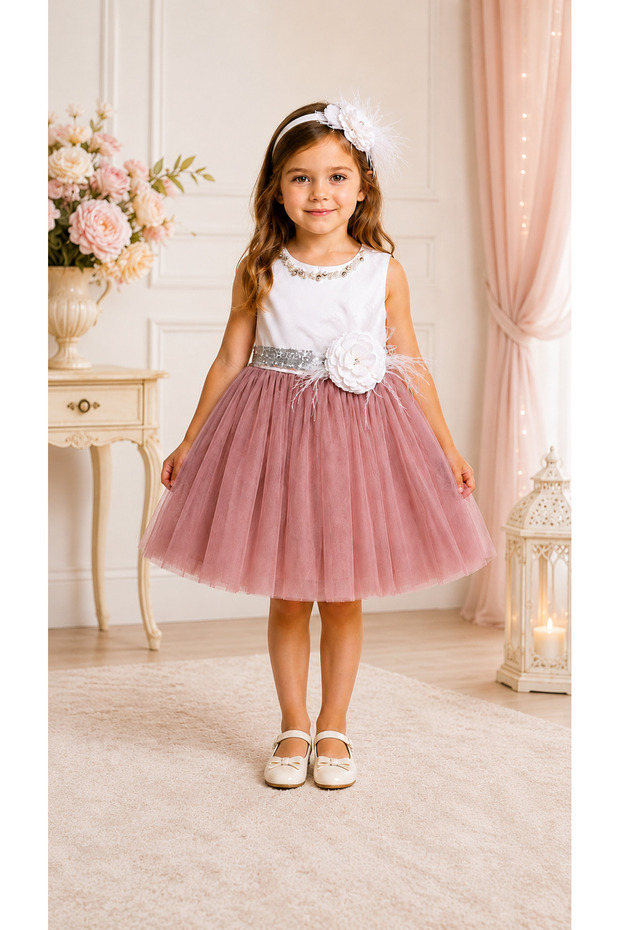Girl's Beaded Collar Sparkling Sequin Belted Detachable Bow Heart Back Detail Lined Evening Dress 1-5 Years Special Occasion, Birthday