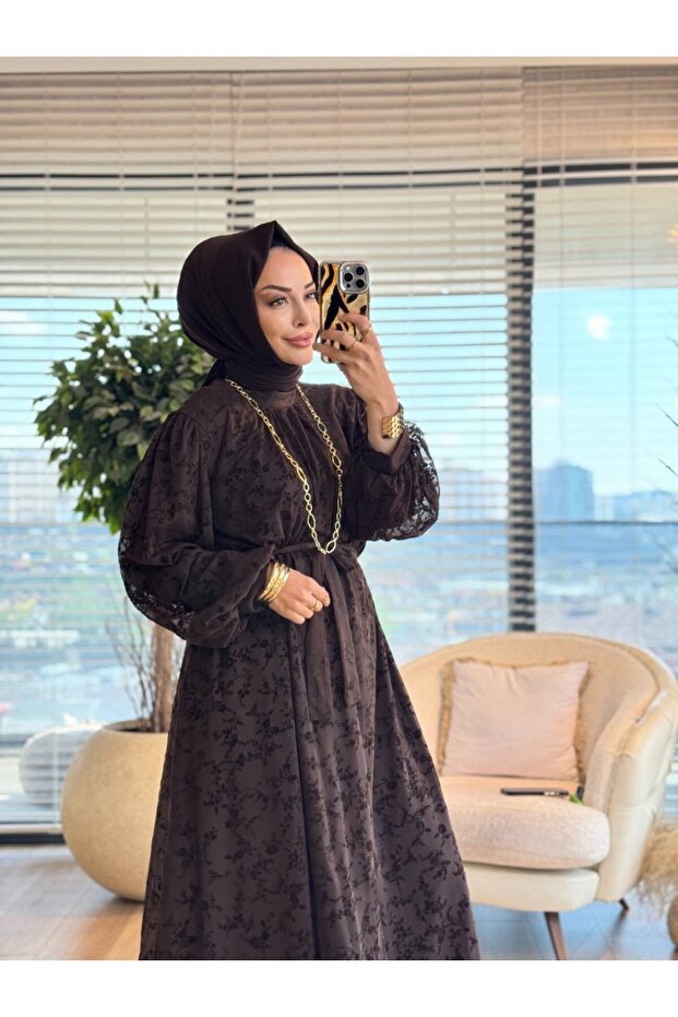 816 فستان شيفون مخملي منقوش باللون البني