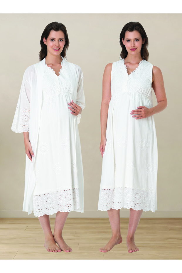 Scalloped Fabric Maternity Nightgown Set with Nursing Features and Dressing Gown