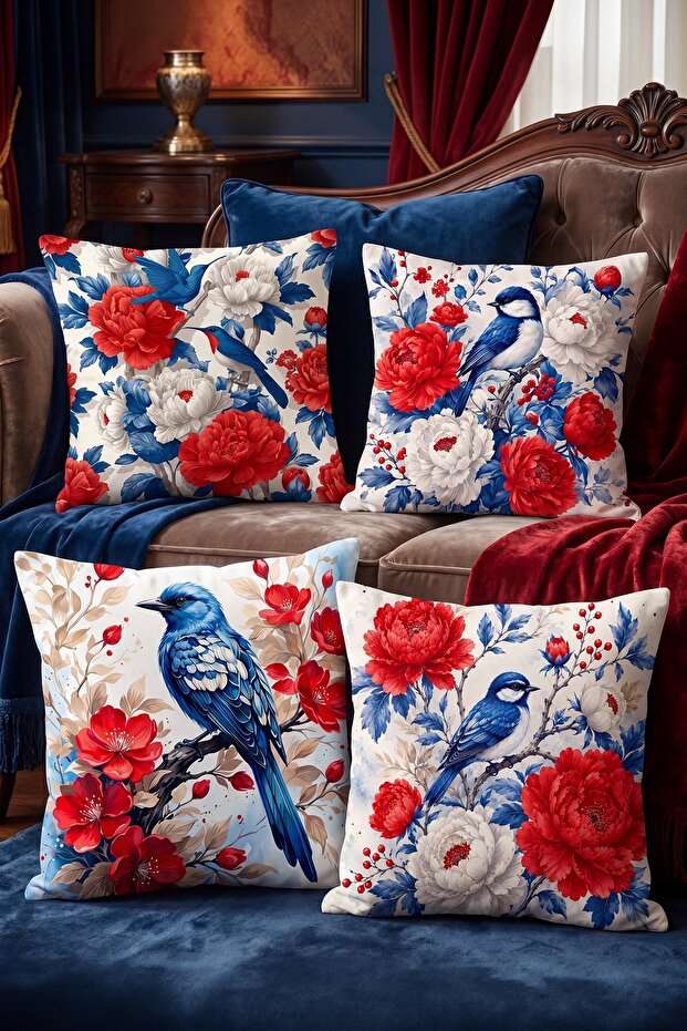 Exotic Birds Patterned 4-Piece Throw Pillow Cover Set