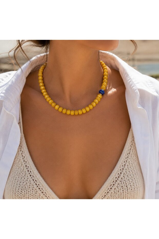 Mimoza 1 cm Yellow Handmade Bodrum Glass Bead Hematite Detailed Necklace