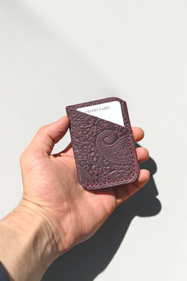 Purple Genuine Leather Card Holder with Shawl Pattern, Slim, Small Card Holder with Capacity for 6-8 Cards