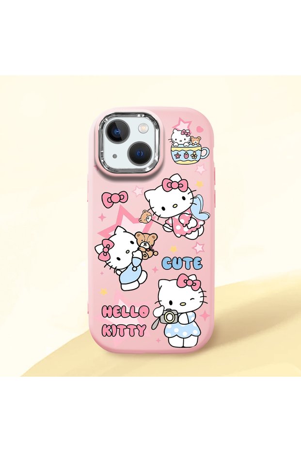 iPhone 13 Mini Compatible Case Camera Protector Pink Silicone Couple Phone Case with Kitty Pattern