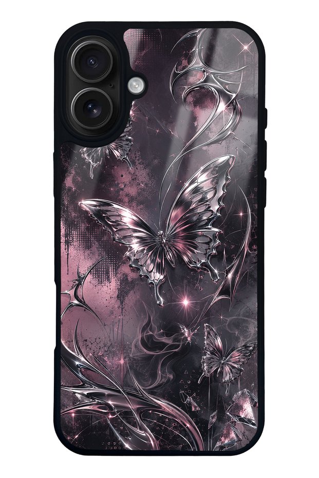 iPhone 16 Plus Rose Chrome Butterfly Design Glossy Phone Case
