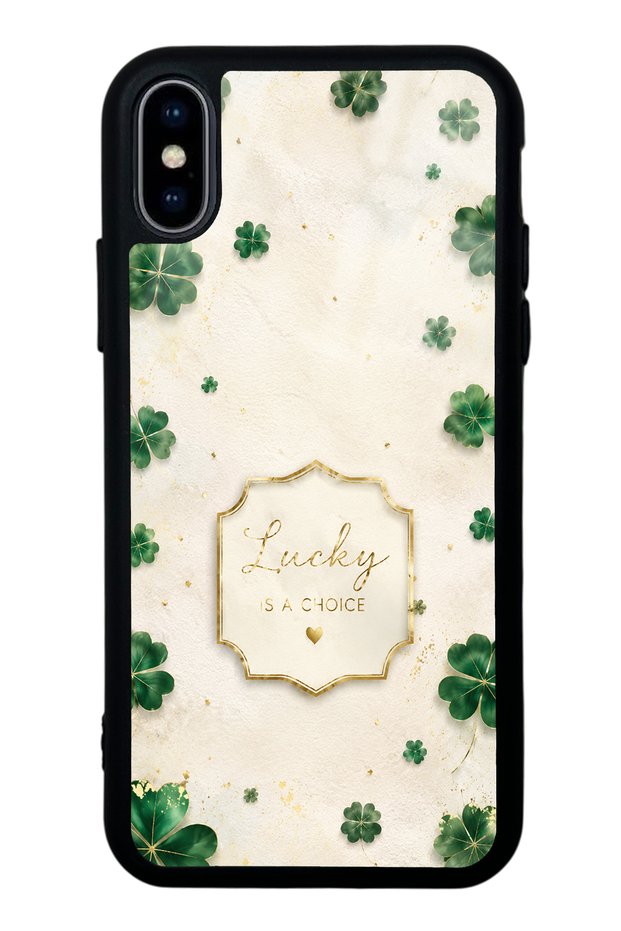 iPhone X Ivory Glossy Phone Case with Lucky Clover Design