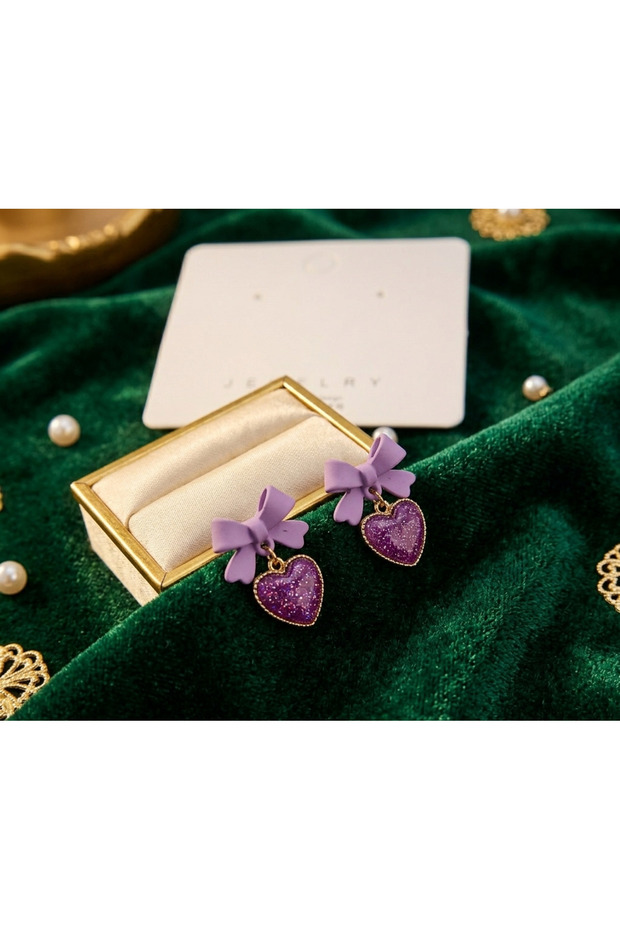 Women's Purple Bow Detail Sparkling Glitter Heart Dangle Earrings - Elegant Korean Design Stylish, Aesthetic, and Minimalist Bijoux Jewelry