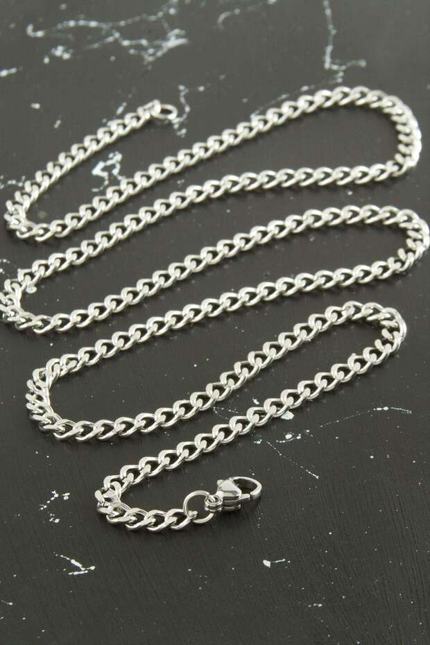 Spt-Gld Flat Chain Steel Necklace 55 cm - (81201) Silver Color