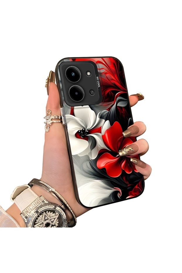 Redmi 15C 4g Compatible Silicone Edge Hard Back Case Couple Phone Case with Floral Pattern