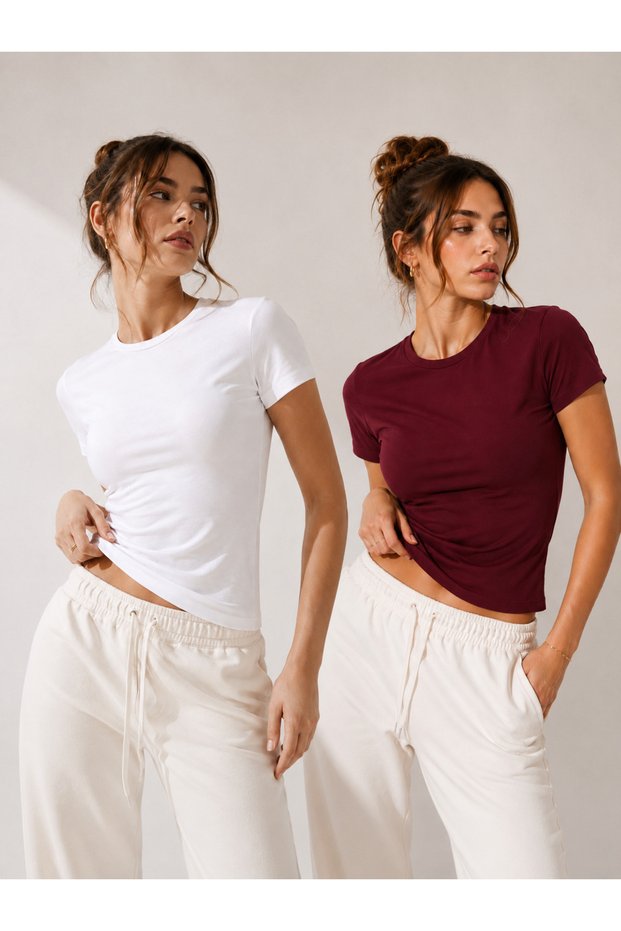 Set of 2 95% Cotton Body-Fitting Full Length Slim Fit Lycra T-Shirts