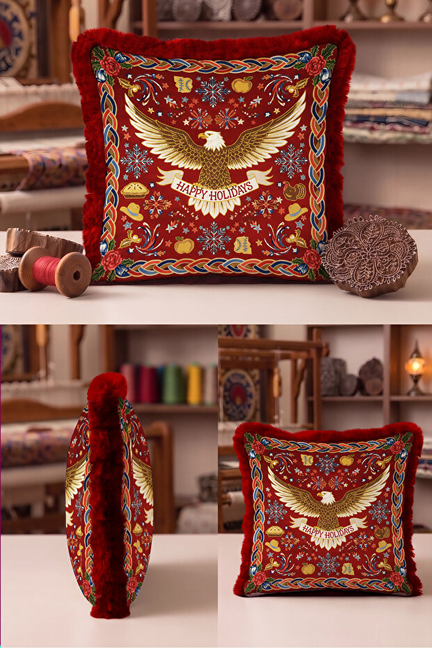 New Year's Eagle Happy Holidays Fringed Pillowcase - Nostalgic Christmas Burgundy Tasseled Throw Pillow Cover