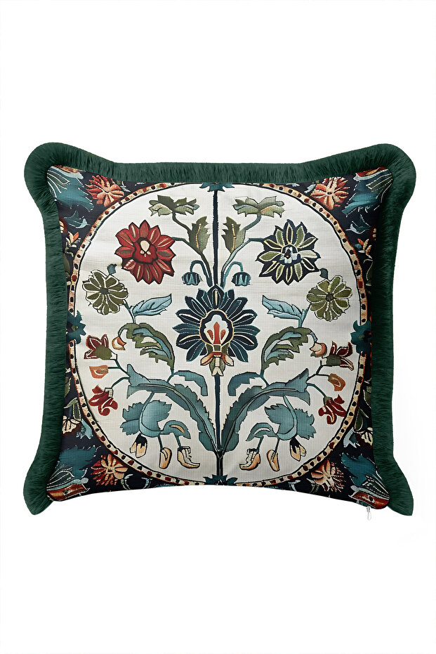Floral Botanical Ethnic Fringed Pillowcase - Ottoman Garden Green Grey Cream Tassel Throw Pillow Cover