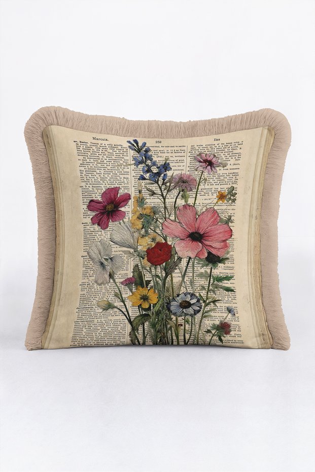 Vintage Floral Botanical Fringed Pillowcase-Nostalgic Floral Cream Beige Mink Tassel Throw Pillow Cover