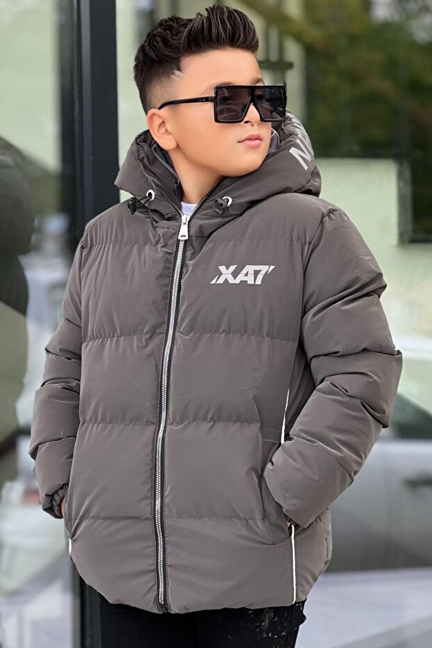 Boys' Hooded Printed Reflective Detailed Nova Fabric Winter Inflatable Coat Km4017