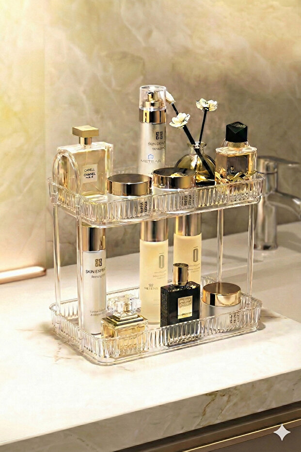 2-Tier Transparent Makeup and Bathroom Organizer, Multi-Functional Shelf