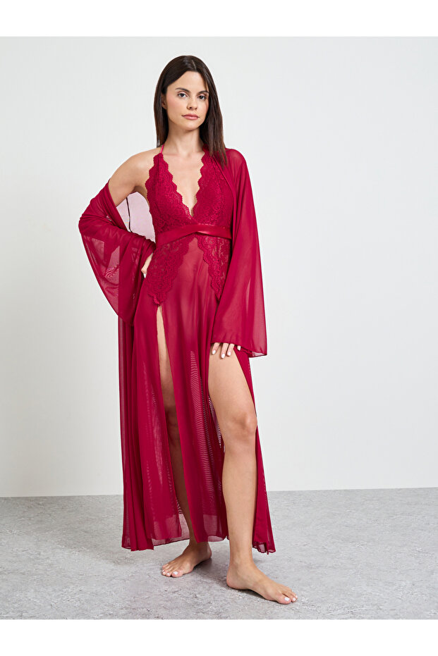 Burgundy Lace Slip Dress And Robe Set