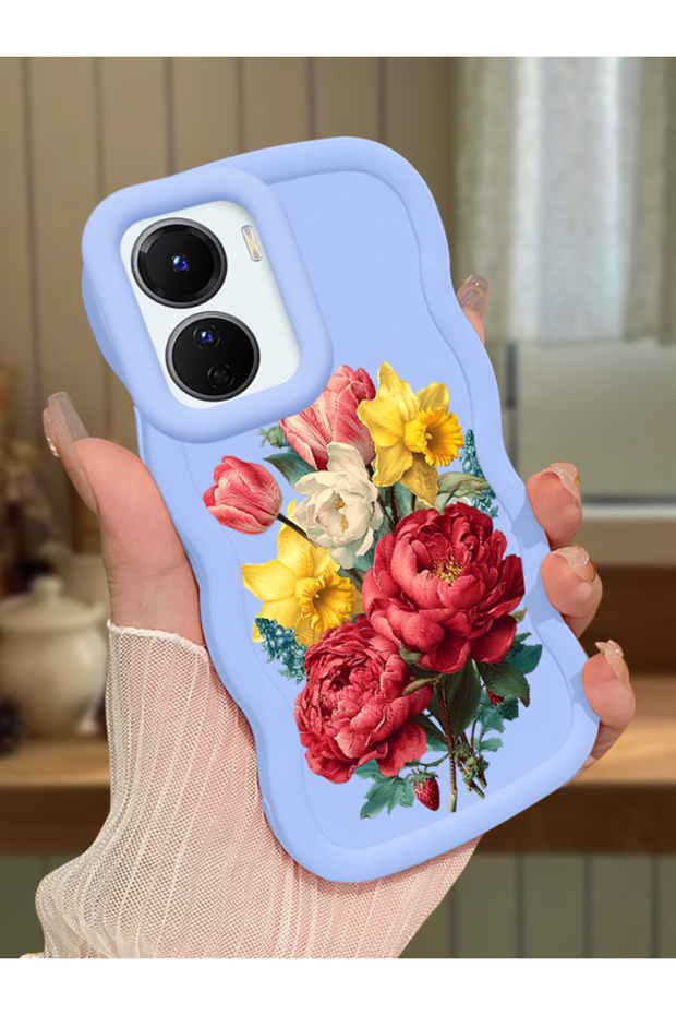 Vivo Y16 Compatible Case Camera Protector Blue Silicone Couple Phone Case Floral Pattern