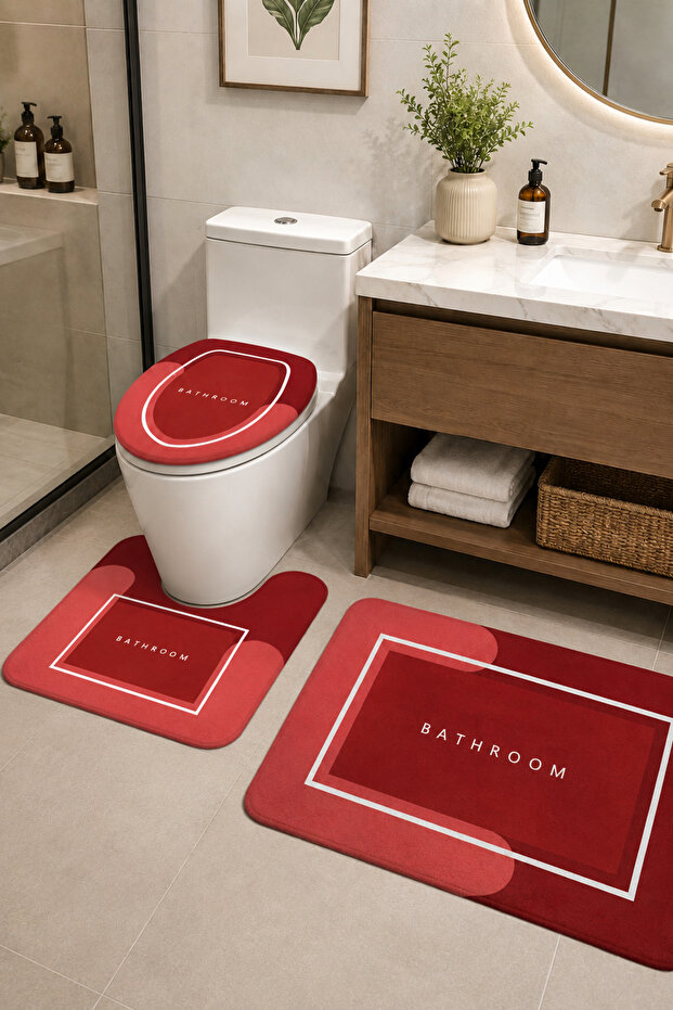Non-Slip Based Washable 3-Piece Toilet Set Red Bath Mat – Modern Bathroom Rug