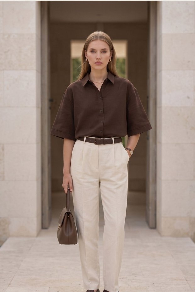 Women's Brown Oversize Shirt Buttoned Comfortable Fit Quiet Luxury Old Money Summer Office Casual Stylish g