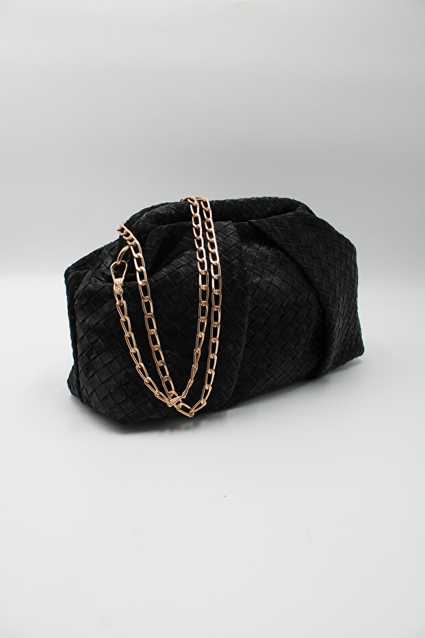 Women's Black Suede Black Clutch Portfolio Chain Cross Strap Hand and Shoulder Bag