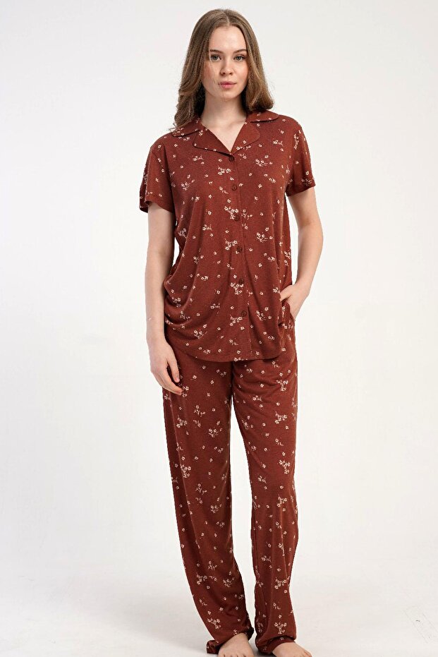 Women's Front Buttoned Short Sleeve Tile Print Pajama Set C0T4N2215