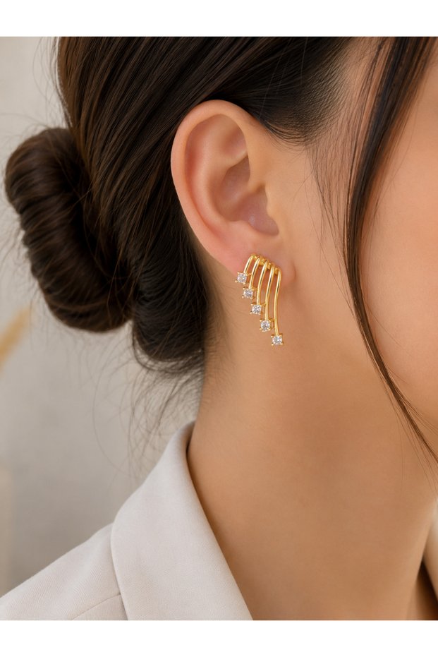 Women's Gold Color Zircon Stone Multiple Bar Design Cartilage Look Earrings
