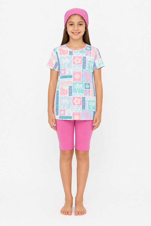 42507-26 Girls' Short Sleeve Sea Set Including a Cap, Digital Patterned Quick Drying Flexible Swimsuit Set