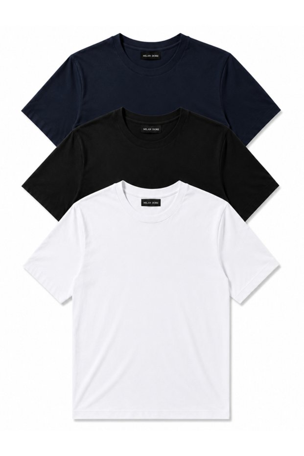 Set of 3 Men's White-Black-Navy Slim Fit Crew Neck Basic T-Shirts