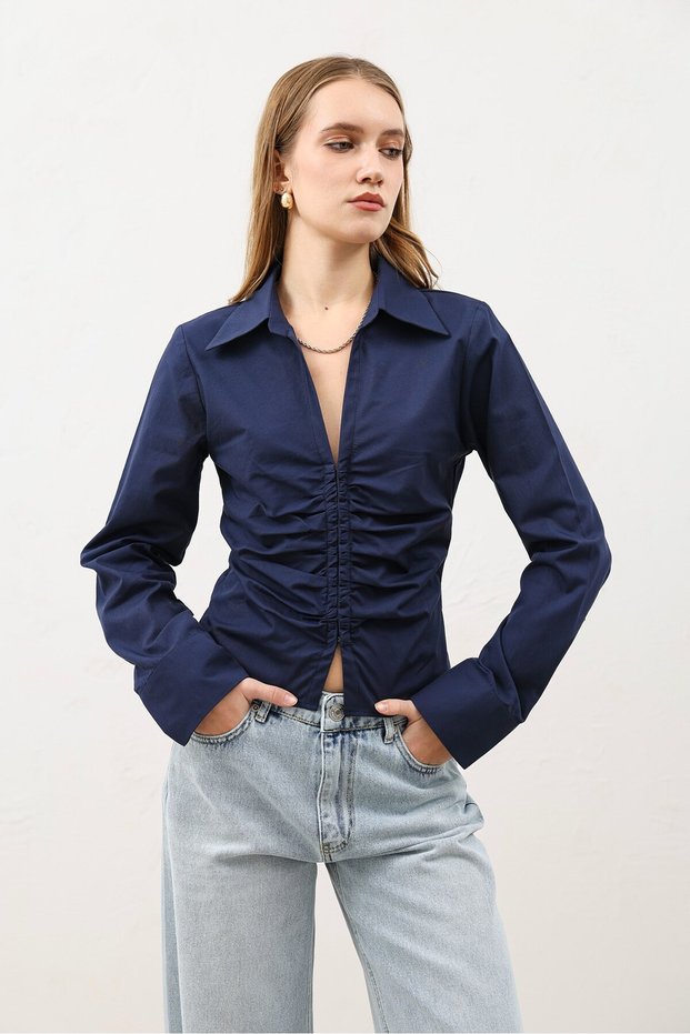 Navy Blue Gathered Poplin Women's Shirt