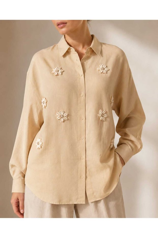 Women's Natural Seashell Stone Embroidered Linen-Look Cotton Shirt