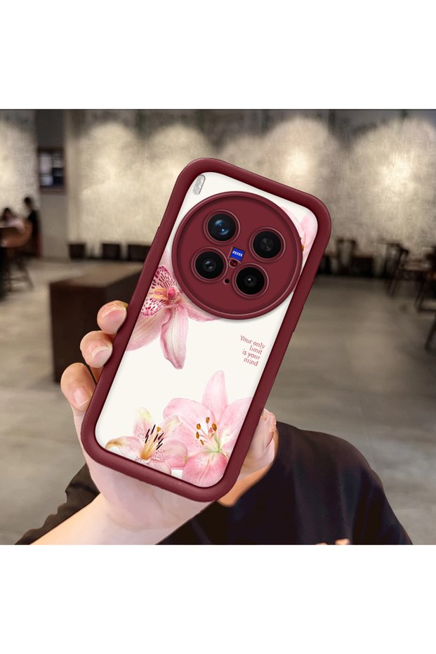 Vivo X300 Pro Compatible Case Camera Protector Burgundy Silicone Couple Phone Case Floral Pattern