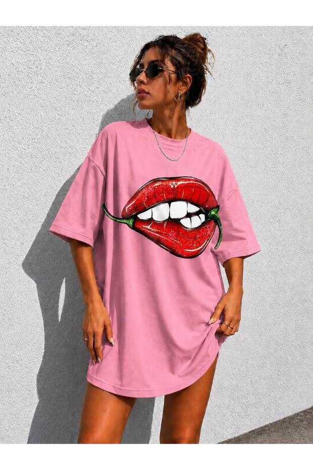 Women's Lip&Pepper Printed Oversize Crew Neck Tunic T-Shirt