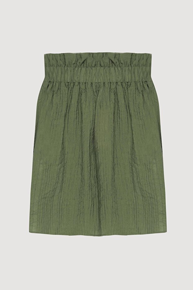 Waffle Fabric Ruffled Strapless Blouse Khaki
