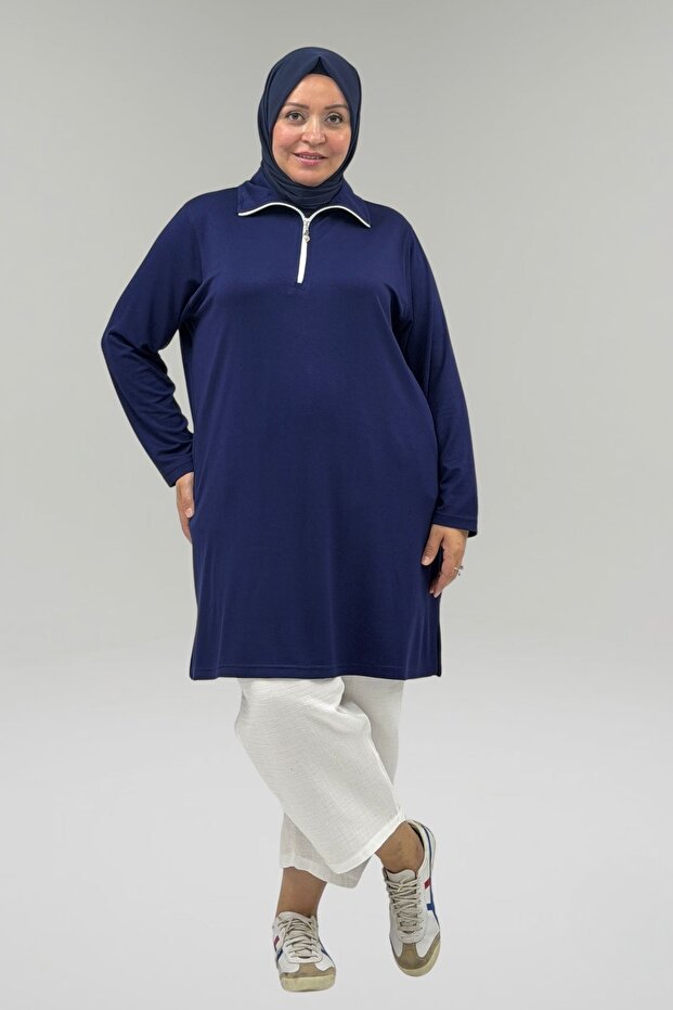68057 Plus Size Half Zip Modal Tunic - Indigo