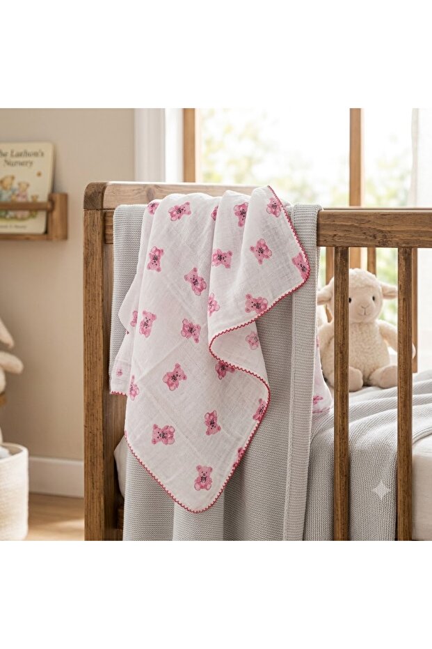 2 Layer Muslin Blanket with Pink Teddy Bear Pattern 80X90 cm - 100% Cotton - Baby Muslin Blanket for Girls