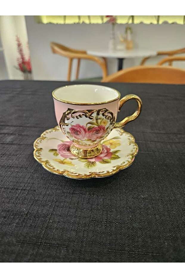 Hand Painted Quality Coffee Cup with Gold Details and Pink Roses
