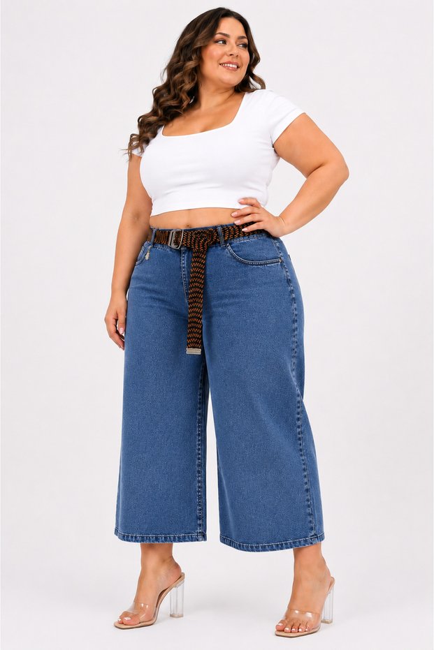 Plus Size High Waist Knitted Belt Pocket Wide Leg Denim Women's Pants