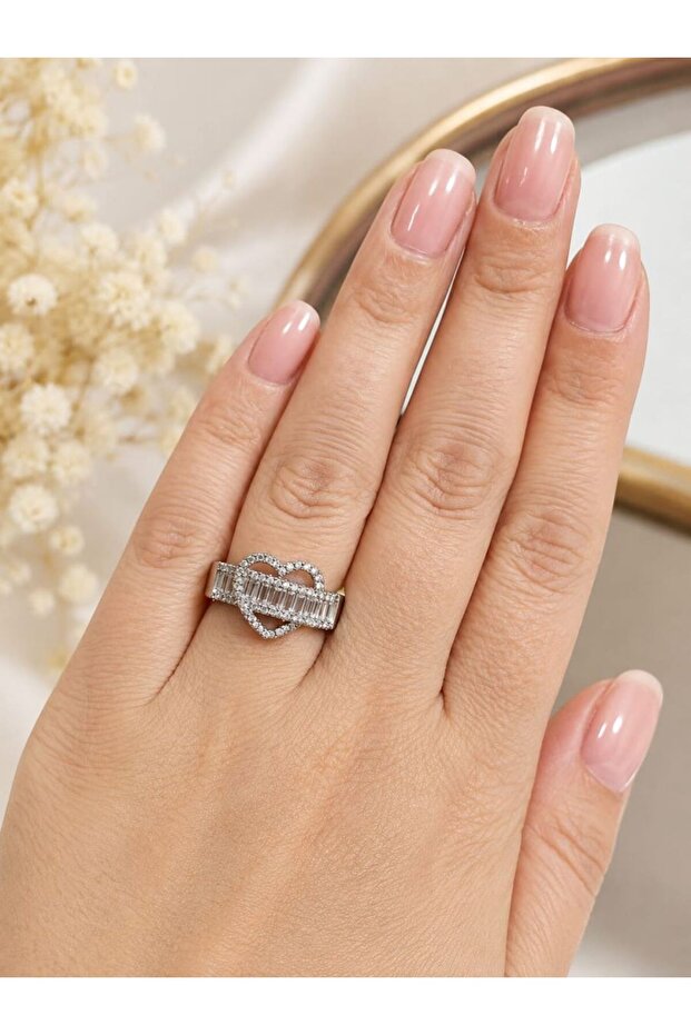 Heart Patterned Baguette Zircon Stone Adjustable Steel Ring