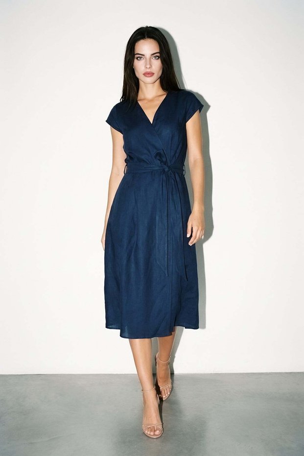 Navy Blue 100% Linen Dress with Collar and Shoulder Detail and Waist Tie Detail