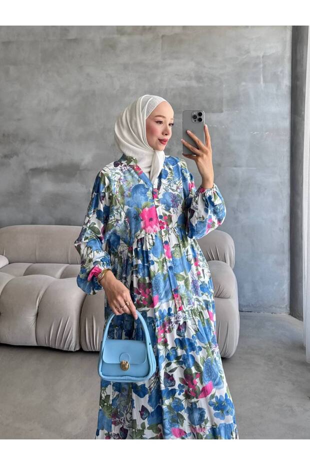 Bat Sleeve Floral Patterned Hijab Dress