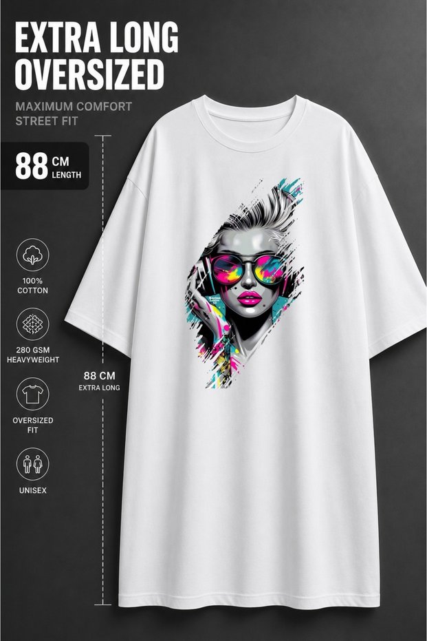 Unisex Extra Long Oversized Cool Women's Printed T-Shirt with Neon Glasses