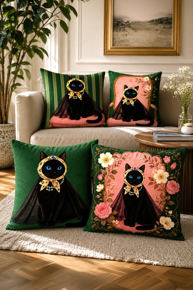 Black Cats Patterned 4-Piece Throw Pillow Cover Set