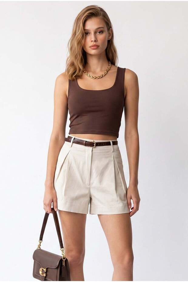 2187 Women's High Waist Belted Pleated Shorts with Pockets Cream