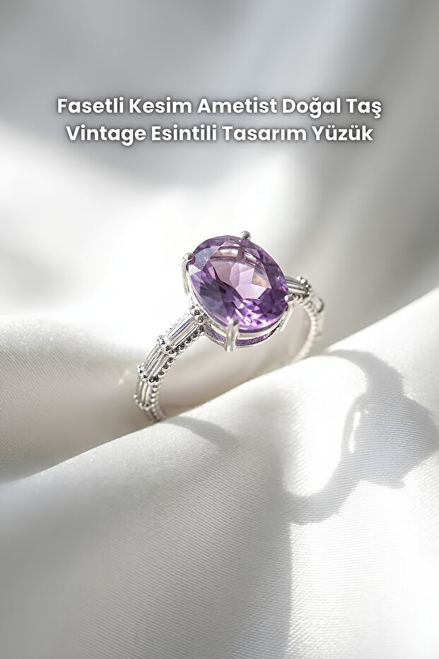 Faceted Cut Amethyst Natural Stone Vintage Inspired Design Ring