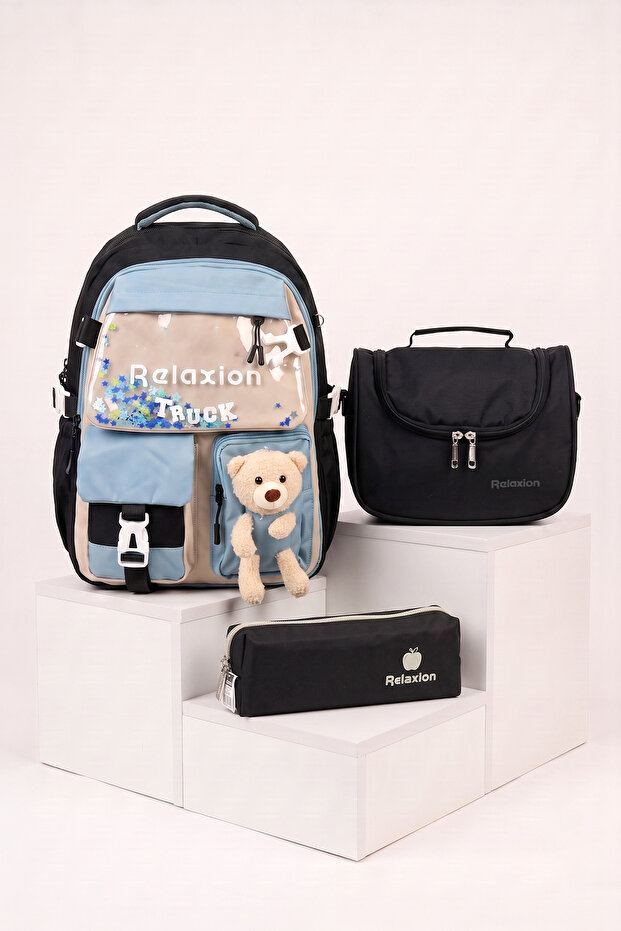 Relaxion Boy's Korean Style Kawaii 3-Piece Set School Bag with Plush Teddy Bear, Black