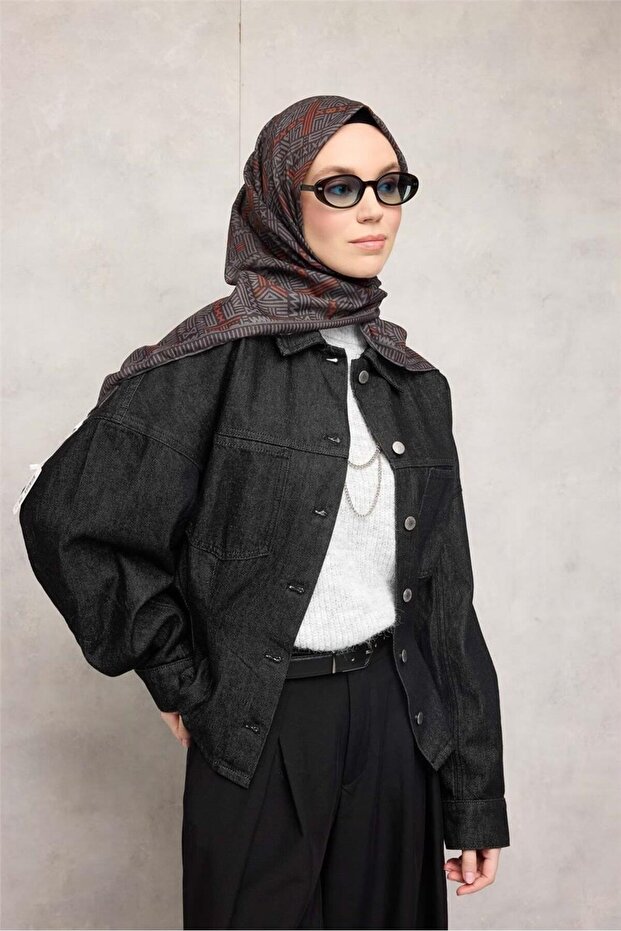 Cotton Polyester Soft Scarf Gray Geometric Patterned Non-Slip Textured Tok Duruşlu 90X90